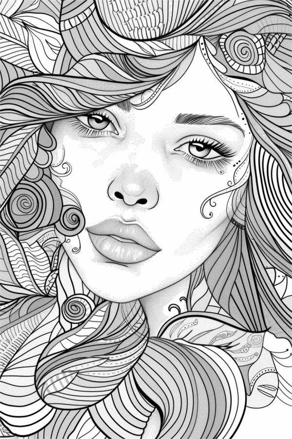 Zentangle decorated female portrait, intricate zentangle patterns with spirals and curved organic lines — free printable zen doodle coloring book page