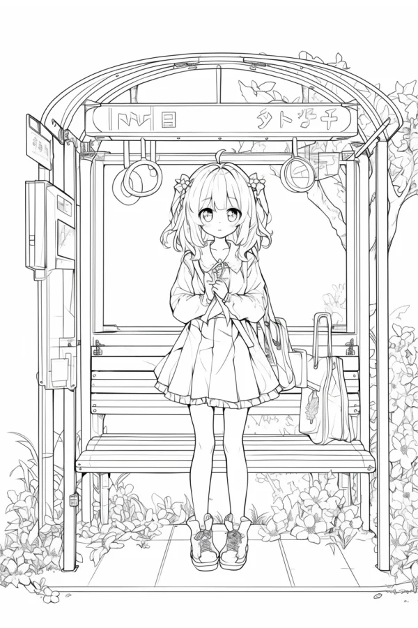 Coloring book page, cute japanese anime girl waiting at bus stop — free printable daily commute coloring book page