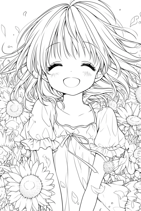 Smiling cartoon girl in sunflower field, anime cartoon style — free printable coloring page