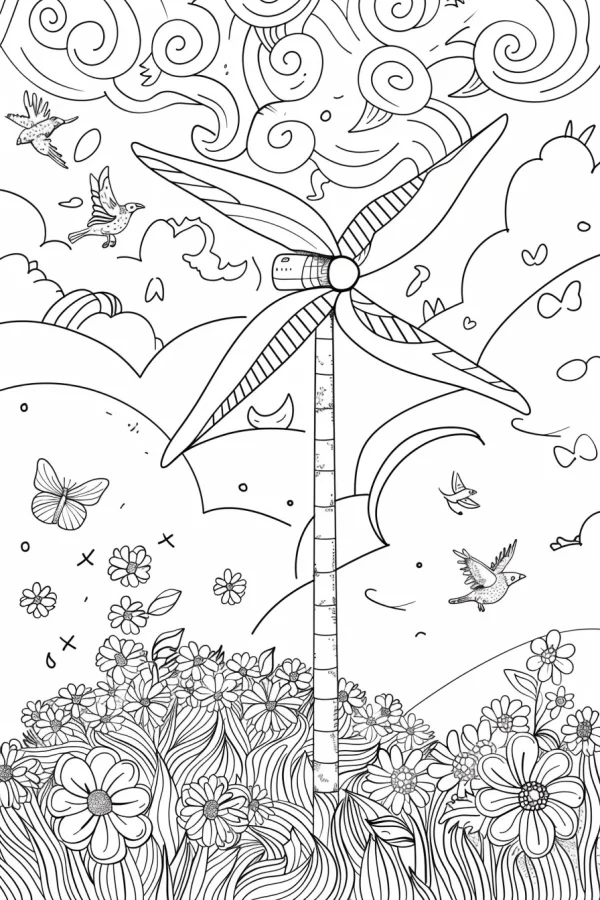 Windmill with flowers, birds and butterflies — free printable coloring page