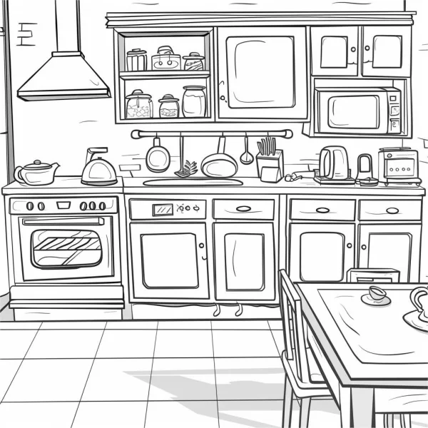 Kitchen interior scene, realistic illustration style — free printable kitchen scene coloring book page