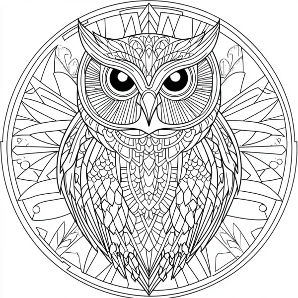 Coloring book page, mandala style owl — free printable coloring page