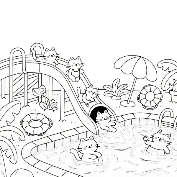 Cartoon cats playing in swimming pool with water slide, summer pool scene including lifebuoys — free printable swimming coloring book page
