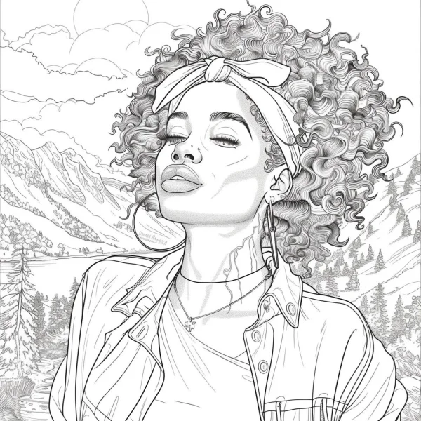 Curly-haired woman with headscarf in mountain and lake landscape, realistic illustration style — free printable outdoor travel coloring book page