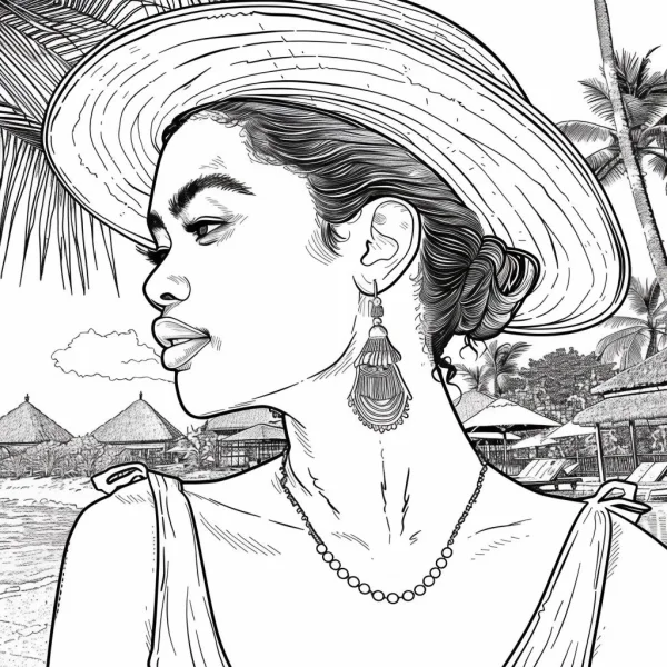 Woman in wide-brimmed hat with tassel earrings and pearl necklace, realistic line art style — free printable beach vacation coloring book page