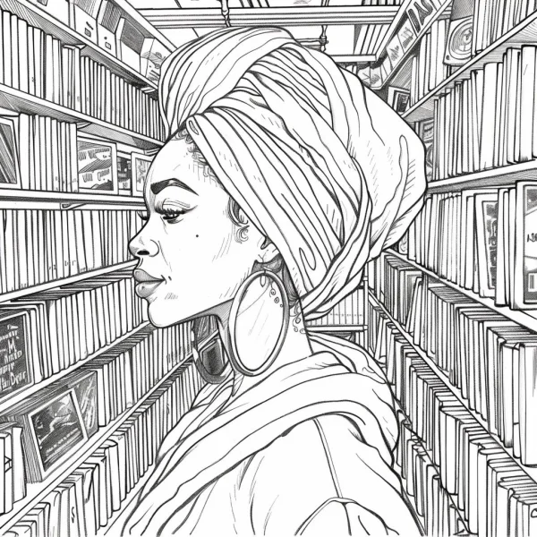 African woman with headwrap and large hoop earrings standing in a cozy bookstore filled with packed bookshelves, realistic sketch style — free printable bookstore coloring book page