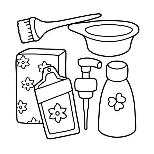 Hair dye and skincare products set, cartoon style — free printable beauty and hair coloring book page