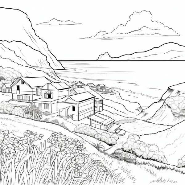 Coastal town landscape, realistic style — free printable beach town coloring book page