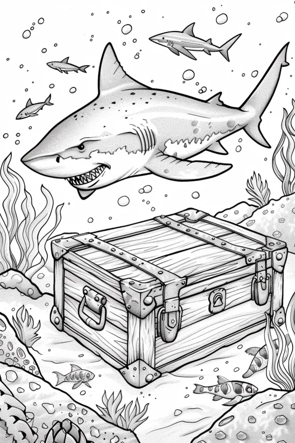 Underwater scene with a great white shark and a wooden treasure chest, cartoon style — free printable treasure hunt coloring book page