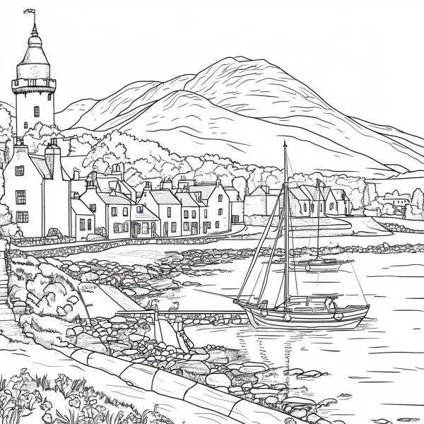Coastal town with sailboat on the shore, realistic line art style — free printable beach town coloring book page