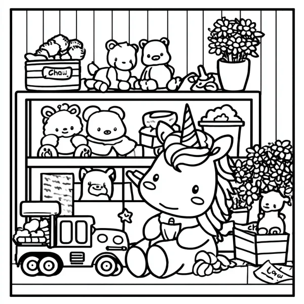 Cute cartoon unicorn with stuffed teddy bears and dog dolls, cartoon style — free printable toys coloring book page