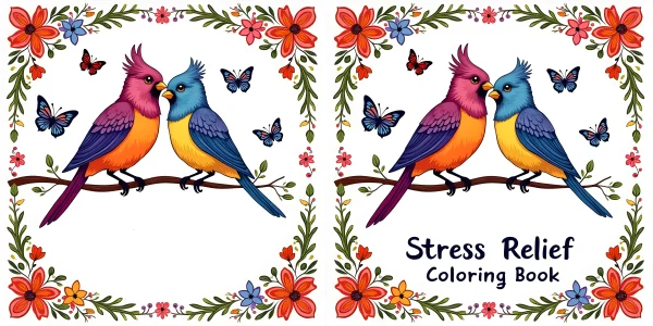 Cover page for stress relief coloring book, pair of cozy colorful birds perched on a branch — free printable coloring page