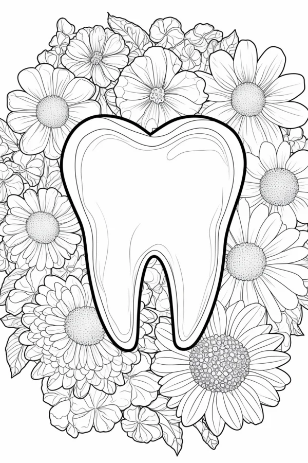 Tooth surrounded by daisies and chrysanthemums, sketch style — free printable oral health coloring book page