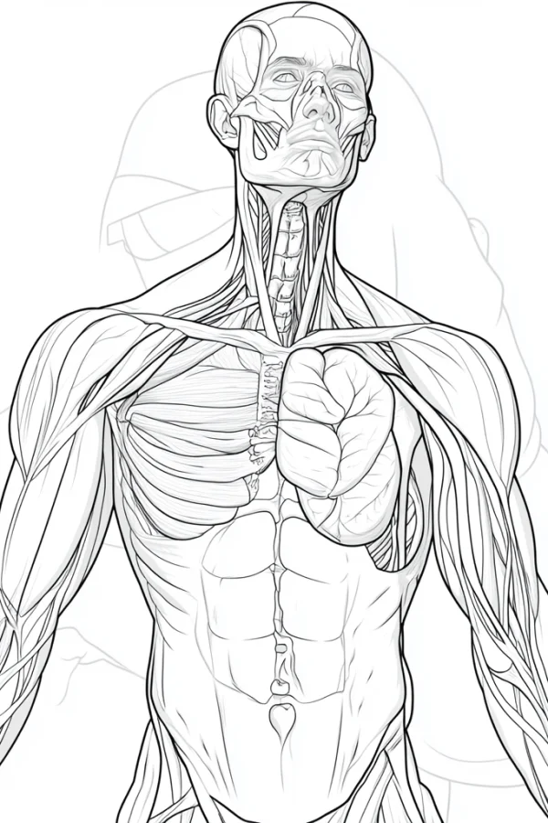 Male upper body muscle anatomy illustration, realistic style — free printable education coloring book page