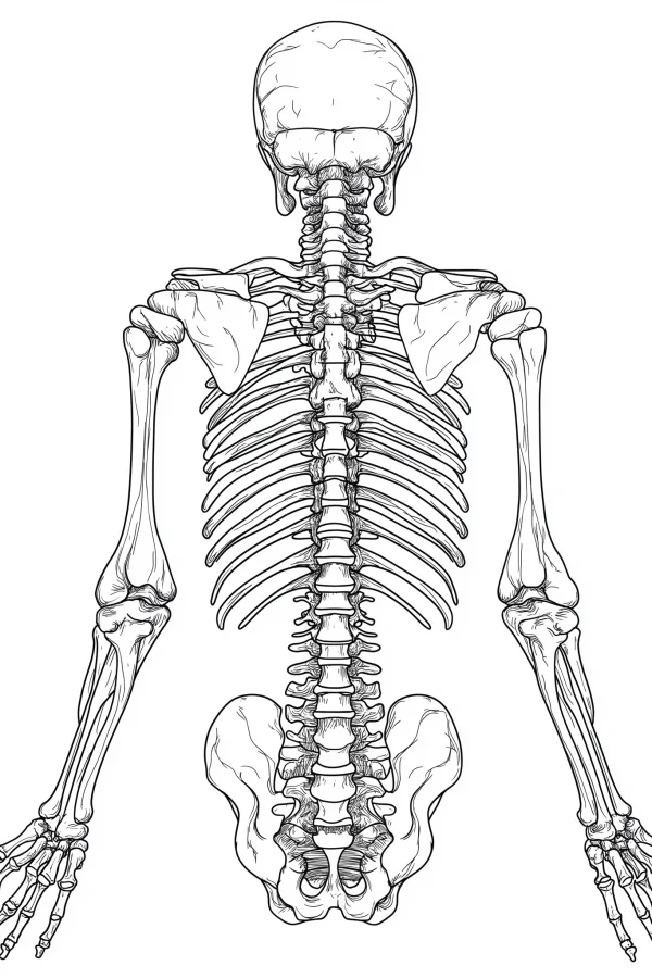 Human back skeleton, realistic style — free printable human anatomy coloring book page