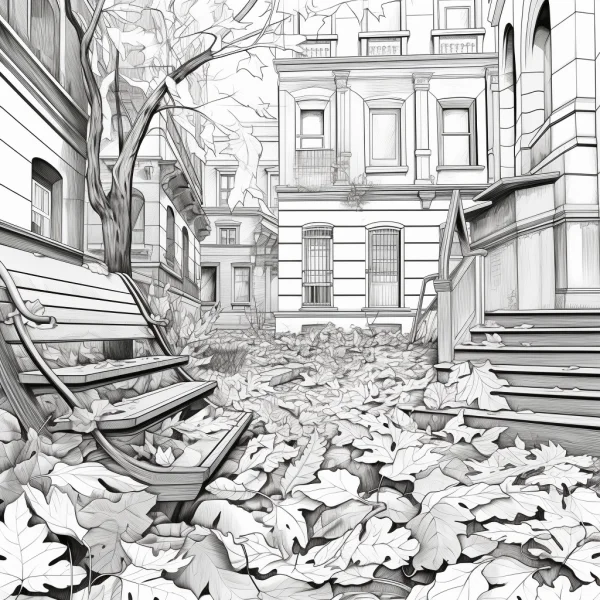 Coloring book page, autumn urban corner with old buildings and wooden bench covered in fallen maple leaves — free printable urban daily life coloring book page