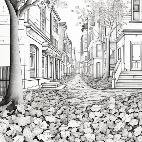 Autumn urban street with fallen leaves, realistic line art style — free printable city street coloring book page