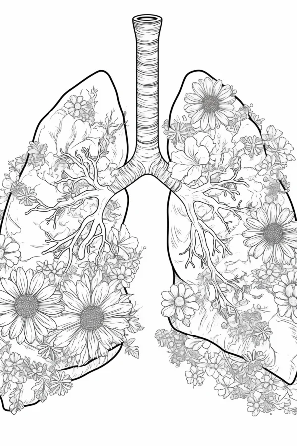 Lungs surrounded by daisies and various small flowers, realistic line art style — free printable health coloring book page