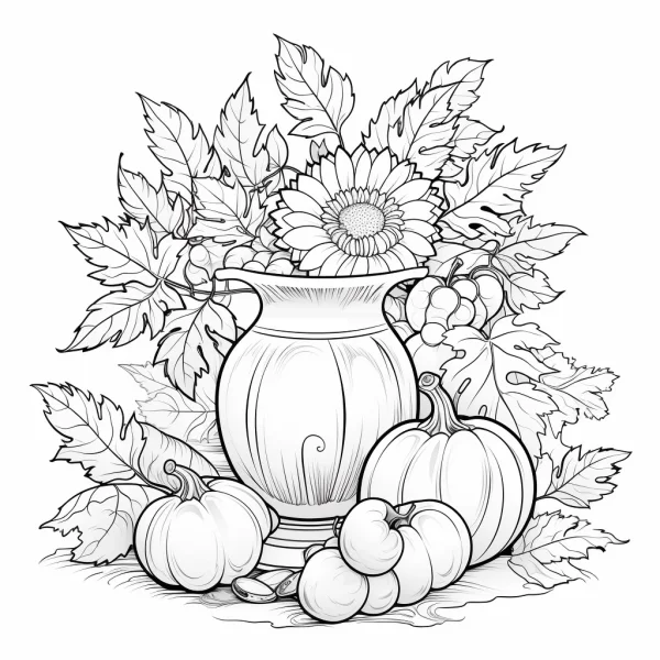Autumn still life composition with vase, sunflower — free printable still life coloring book page