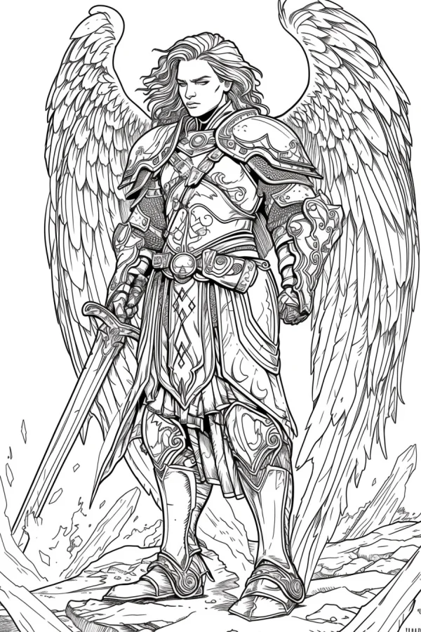 Armored angel knight with large detailed wings, fantasy realistic style — free printable hero coloring book page