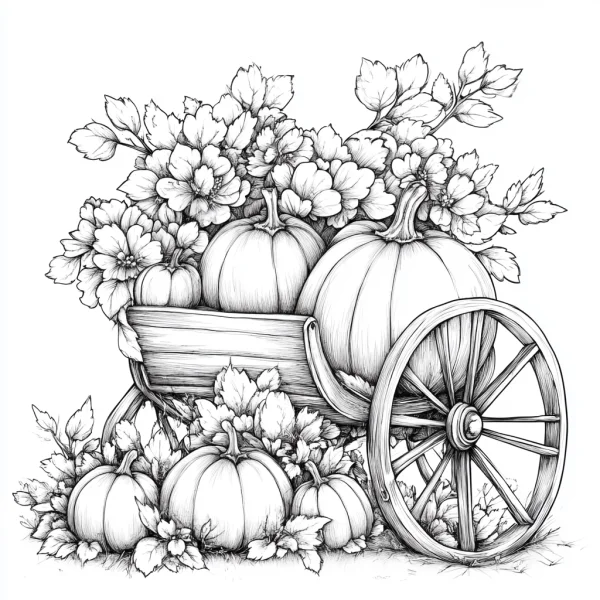 Wheelbarrow filled with pumpkins and flowers, autumn natural theme — free printable pumpkin coloring book page