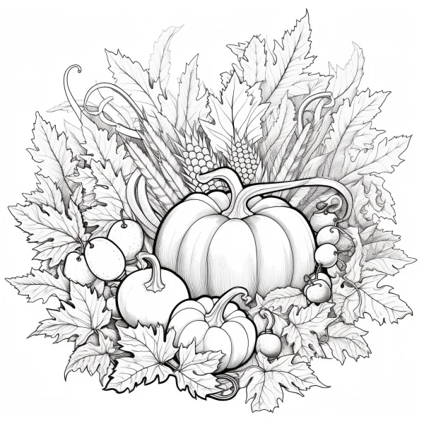 Pumpkin and harvest plants including small pumpkins, corn cobs — free printable natural plants coloring book page