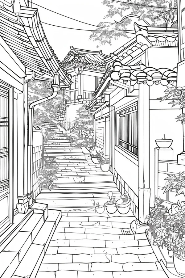 Traditional chinese ancient alley, chinese style — free printable daily scene coloring book page