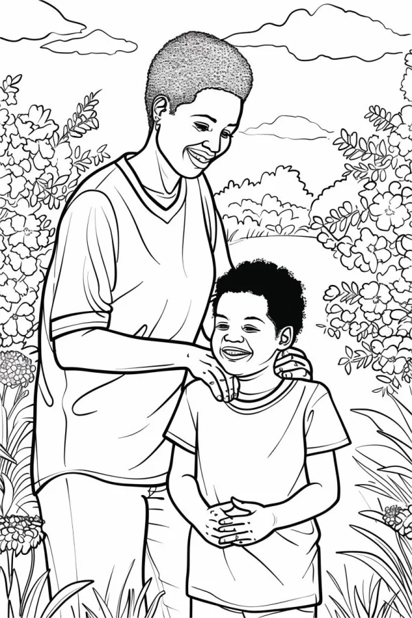 Happy adult and child in parent-child interaction, realistic illustration style — free printable parent-child coloring book page