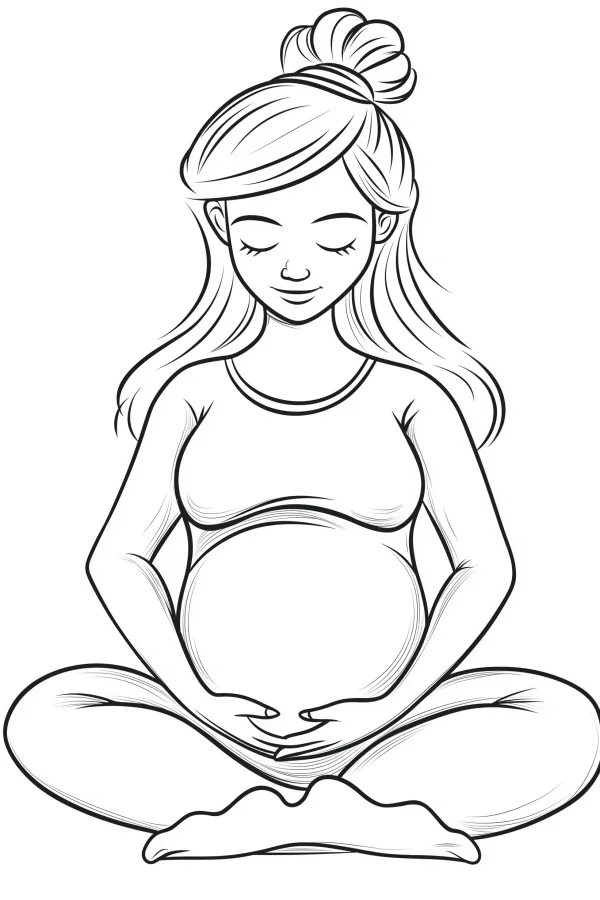 Sitting pregnant woman with closed eyes, cartoon style — free printable parent-child coloring book page