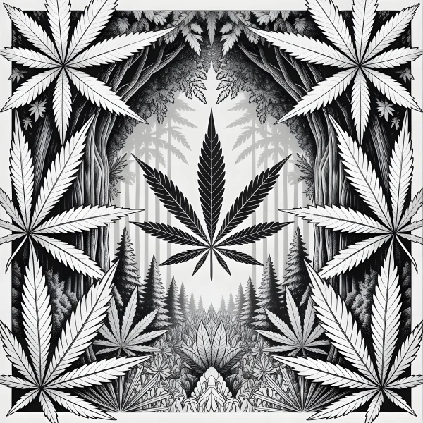 Cannabis leaves forest scene, psychedelic art style — free printable psychedelic coloring book page