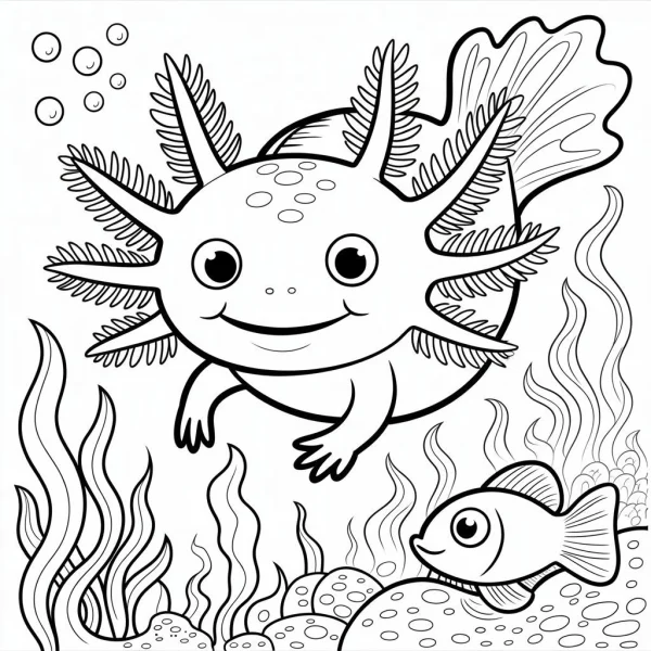 Cute axolotl, cartoon style — free printable amphibians coloring book page