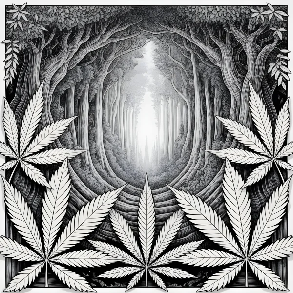 Marijuana leaves with deep forest tunnel, sketch style — free printable alternative culture coloring book page