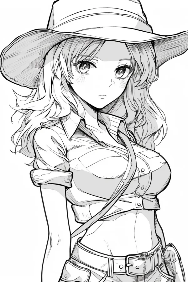 Female cowboy with wide-brimmed hat, anime style — free printable cowboy coloring book page