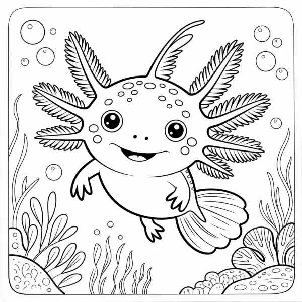 Cute cartoon axolotl, underwater scene with seaweed — free printable amphibians coloring book page