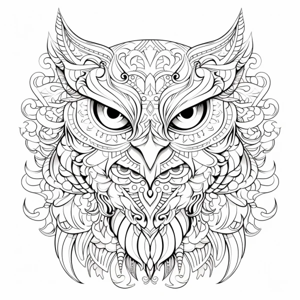 Mandala-style owl head, intricate symmetrical decorative patterns with spiral and geometric details — free printable coloring page