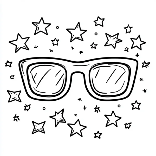 Cartoon glasses surrounded by various stars and small dots, cartoon style — free printable coloring page