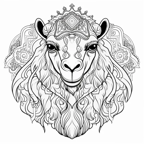 Decorated sheep head with ethnic ornate patterns, bohemian ethnic style — free printable ethnic culture coloring book page