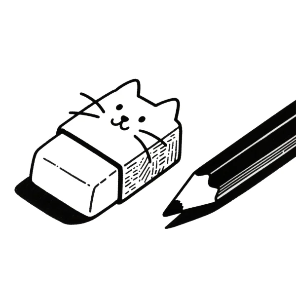 Cat-shaped eraser and sharpened pencil, cartoon style — free printable stationery coloring book page