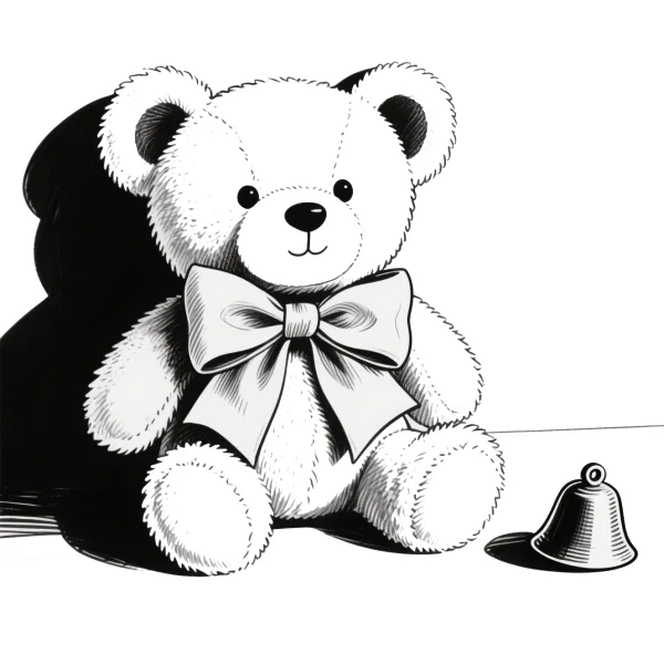 Cute teddy bear with a big bow tie, cartoon style — free printable toys coloring book page