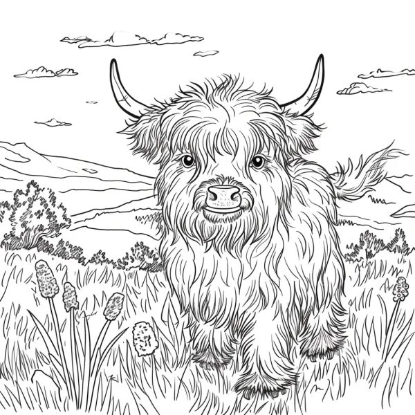 Cute highland cow, realistic line art — free printable grassland coloring book page