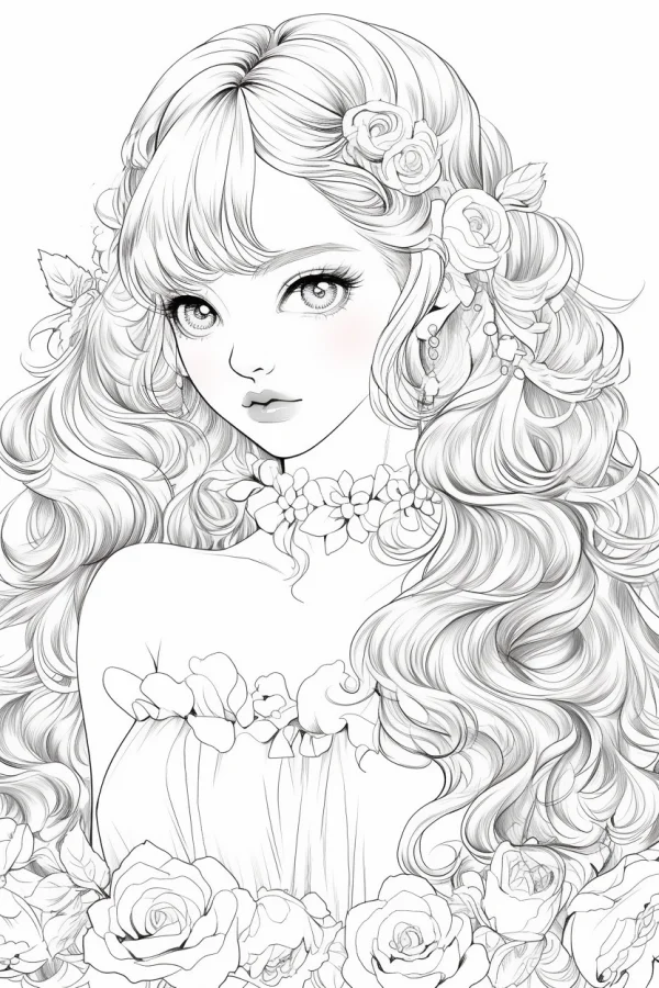 Curly-haired girl adorned with roses, anime style — free printable fairy coloring book page