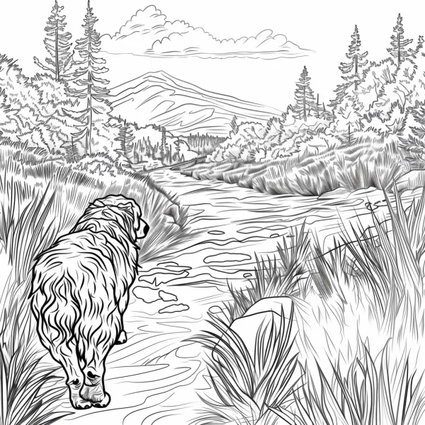 Long-haired dog wading in a stream, realistic illustration style — free printable hiking coloring book page