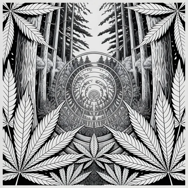 Mandala-style forest surrounded by cannabis leaves, intricate natural line art — free printable abstract creativity coloring book page