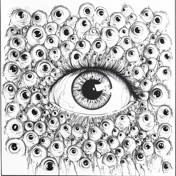 Giant eye surrounded by numerous small eyes, dark horror abstract style — free printable chaos coloring book page