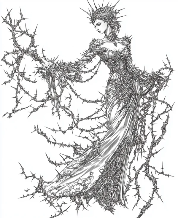 Thorn queen in gothic and dark fantasy style, surrounded by intricate thorny vines and sharp thorns — free printable darkness coloring book page