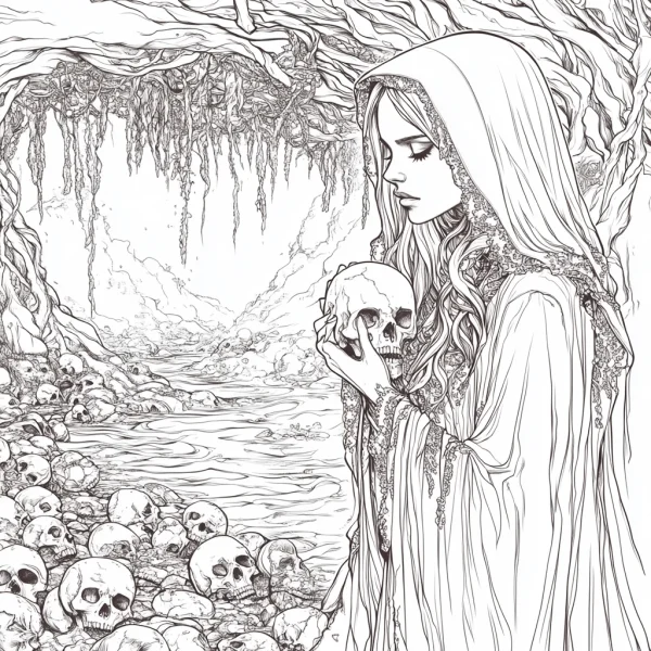 Hooded witch holding a skull, gothic dark fantasy style — free printable death coloring book page