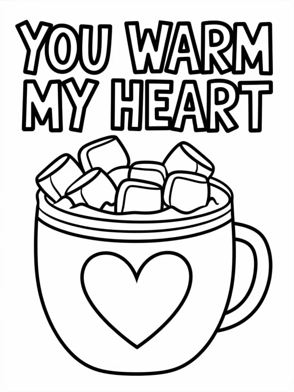 Mug with heart pattern filled with marshmallows, cartoon style — free printable warmth coloring book page