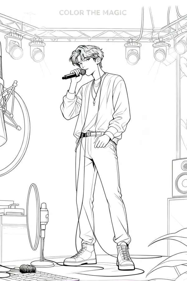 Male singer performing on stage, anime and cartoon style — free printable stage performance coloring book page