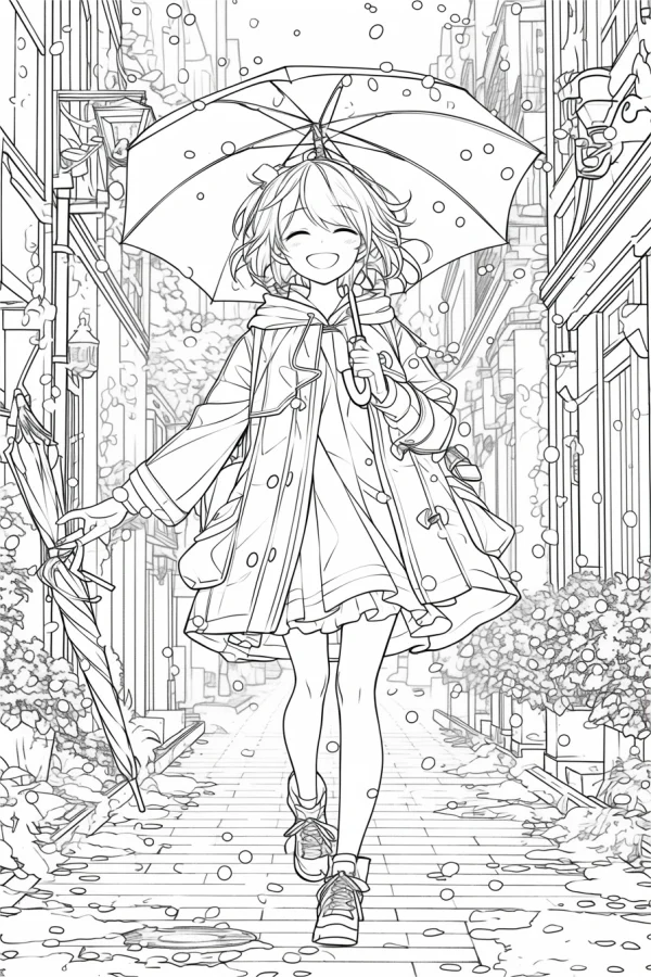 Cheerful short-haired girl holding umbrella in rainy european street, holding another folded umbrella — free printable anime characters coloring book page