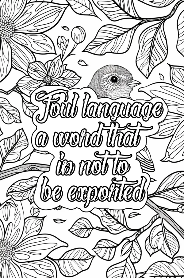 Artistic text 'foul language a word that is not to be exported' surrounded by flowers, leaves and a small bird — free printable coloring page